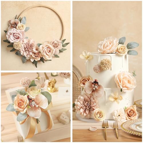 Artificial Flowers Set Champagne Coffee Silk Fake Flowers with Stems for DIY Wedding Bridal Bouquets Cake Arch Floral Arrangement Table Centerpieces Baby Shower Party Home Decorations - color: Champagne Coffee