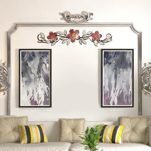 Wesiti Metal Flower Wall Decor Vintage Metal Flower Wrought Iron Scroll Sculpture 15.7''x3.7'' Not 3D, Flat Farmhouse Leaf Wall Decor with Nails for Summer Bedroom Kitchen Indoor Outdoor(Pink) - color: Pink