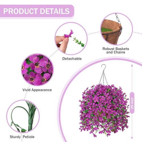 INXUGAO Artificial Hanging Flowers Plants with Basket for Outdoors, Realistic Faux Silk Daisy Flower Eucalyptus for Spring Decor, UV Resistant Fake Plants for Porch Patio Yard Balcony, Purple - color: A-purple