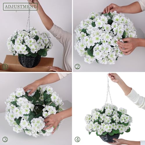 GLIDLION 2 Set Artificial Geraniums Flowers with Hanging Baskets for Outdoors - Sun Resistant Silk with Geranium Flowers, Fake Hanging Planters for Front Porch Garden Patio Home Decor (White) - color: White