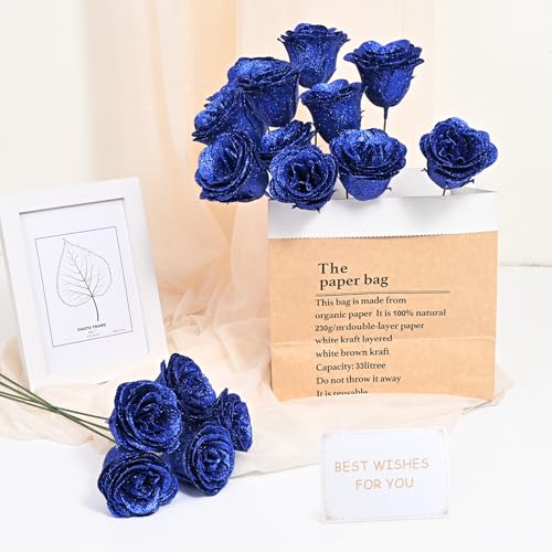 Waipfaru Blue Glitter Roses Bouquet, DIY Fake Flowers Bouquet, Everlasting Shiny Artificial Rose Bouquet for Valentines, Anniversary, Engagement, Wedding, 24 Roses - color: Blue, size: 24pcs