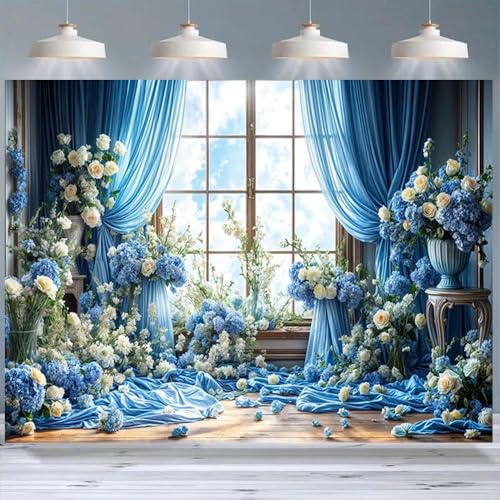 White Rose Floral Blossoms Backdrop Bridal Wedding Flowers Background Anniversary Ceremony Cake Smash Wedding Theme Party Decoration Valentine Kids Adults Woman Mom Photo Backdrop(Blue-2, 6x4feet) - color: Blue-2, size: 6x4feet