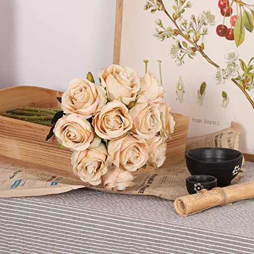 Nubry Artificial Silk Rose Flower Single Stem Lifelike Vintage Fake Rose for Wedding Bouquet Floral Arrangements Home Party Centerpiece Decoration, 10pcs (Vintage Champagne) - color: Vintage Champagne