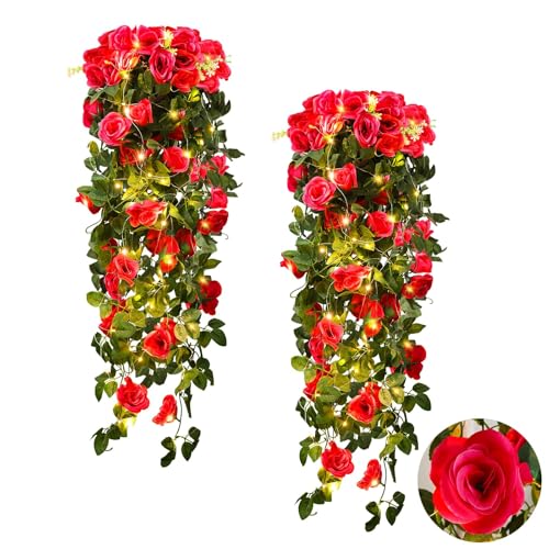 RECUTMS Artificial Rose Red Hanging Flower Plants, 4PCS 37 Inches Fake Floral Ivy Garland with 30 LED Fairy String Lights for Home Room Garden Wedding Labor Day Birthday Party Indoor Outdoor Decor - color: Rose Red, size: 4pcs light