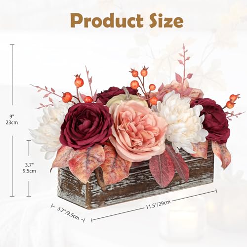 DILATATA Fall Decor Autumn Harvest Pumpkins Centerpiece - Artificial Rose Chrysanthemum Flowers Berries Arrangement in Rectangle Wooden Box for Thanksgiving Party Mantel Fall Decor - color: 12"l Burgundy&white