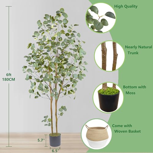Warmplants Artificial Eucalyptus Tree, 6ft Tall Faux Eucalyptus Plant with Basket for Home Office, 72'' Fake Tree for Indoor Outdoor Livingroom Garden Floor Décor - color: Eucalyptus, size: 6ft