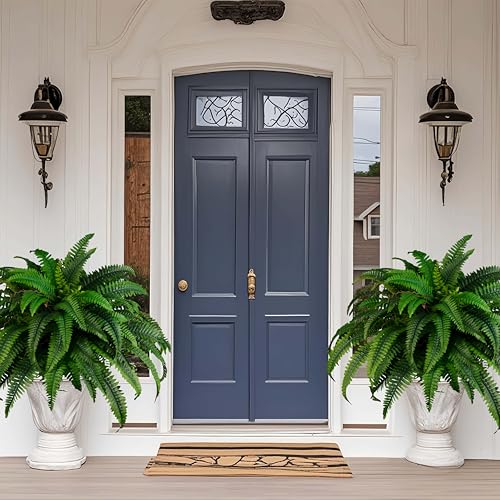 Outdoor Artificial Plants-2PCS Artificial Outdoor Hanging Fern Faux Greenery UV Resistant Plastic Plants for Front Porch Living Room Garden Decor- Including Hanging Planters (Dark Green) - color: Dark Green