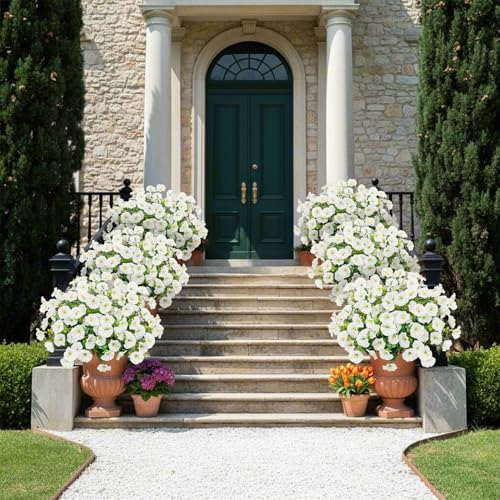 Bassion Artificial Flowers for Outdoors, 20 Bundles Silk Fake Flowers UV Resistant Realistic Morning Glory Faux Eucalyptus Plants for Outside Planters Porch Window Box Garden Indoor Decor - color: White