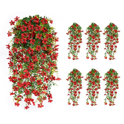 Artificial Hanging Flowers for Outdoors UV Resistant Fake Flowers Realistic Silk Faux Spring Hanging Flower for Patio Porch Garden Yard Fence Wall Decor(Red, 6 Pack) - color: 6pcs Red