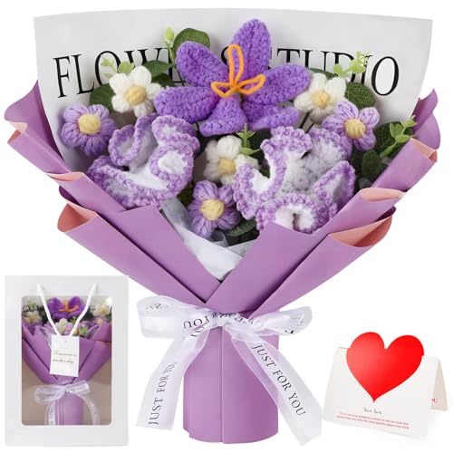 Tenn Well Crochet Flower Bouquet, Crochet Knitted Carnation Gift Artificial Flowers for Mother’s Day, Birthday, Graduation, Anniversary and Home Decor - color: Purple