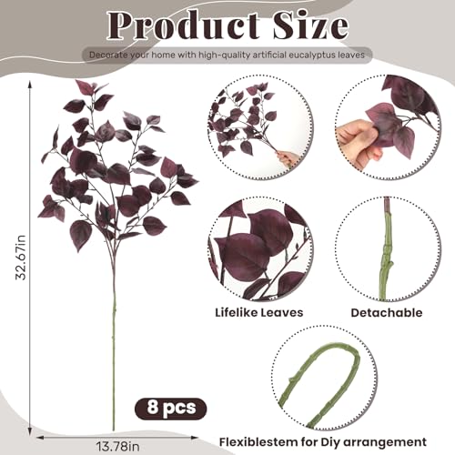 Giegxin 8 Pcs Artificial Burgundy Eucalyptus Stems, 32.7 Inch Christmas Faux Eucalyptus Stems Fake Burgundy Branches Spray Silk Leaves Plants for Vase Home Farmhouse Table Decor