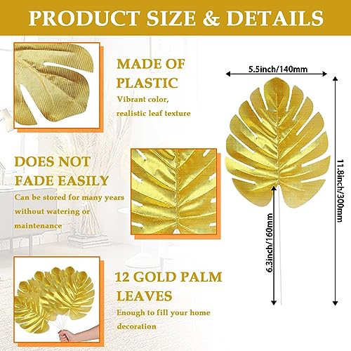 12 Pieces Artificial Palm Leaves, Golden Faux Tropical Monstera Leaves for Safari Jungle Hawaiian Luau Party, Table and Wall Decorations - size: 12.2x5.9 in