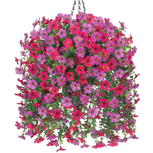HyeFlora Artificial Hanging Flowers Basket for Outdoor, Fake Flowers Faux Plants Look Real for Yard Gardens Porch Patio Home (Purple+Hotpink) - color: Purple+hotpink