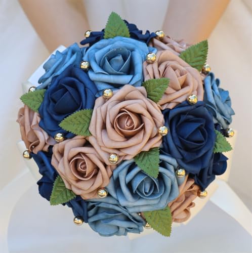 Handmade Wedding Bouquet Artificial PE Rose Bridal Bridesmaid Bouquet with Soft Ribbons Wedding Hand Holding Bouquet Artificial Fake Flowers Toss Bouquet(B-Blue & Navy Blue & Pink, 9.1"/23cm) - color: B-blue & Navy Blue & Pink, size: 9.1"/23cm