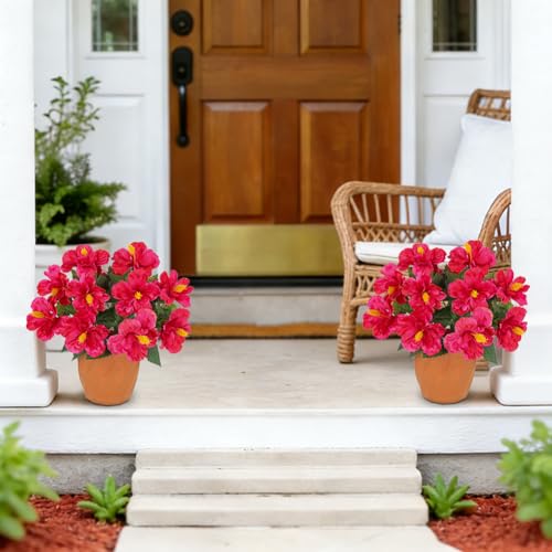 Briful Artificial Hibiscus Flowers in Pot, 14.1" Faux Tropical Flower Plant for Outdoor Porch, Potted Hot Pink Hibiscus Tabletop Decor for Living Room, Dining Table, Office, Indoor Home Décor - color: 14'' Hot Pink