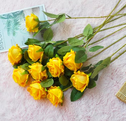 Kenpal Realistic Fake Roses Artificial Flowers with Stem for Decoration Floral Arrangement Centerpieces Wedding Bouquets (10, Yellow) - color: Yellow