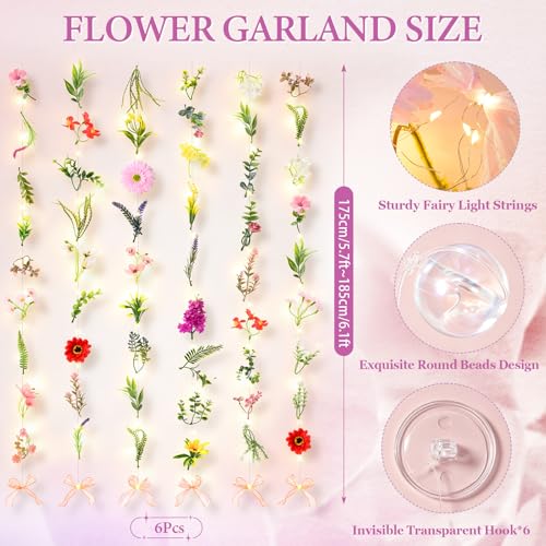 Livole 6Pcs 36Ft Hanging Flower Garland with Light, Wildflower Garlands Backdrop Silk Fake Floral Vines with Hooks for Spring Party Wedding Birthday Anniversary Arch Wall Garden Decor - color: Wildflowers With Light, size: 6Pcs