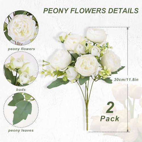 MARTINE MALL 2 Packs Peonies Artificial Flowers, White Artificial Peonies, Silk Peonies Flowers Fake Peonies Artificial Flowers Peonies Bouquet for Centerpiece Table Wedding Party Home Decor - color: White, size: 2PCS