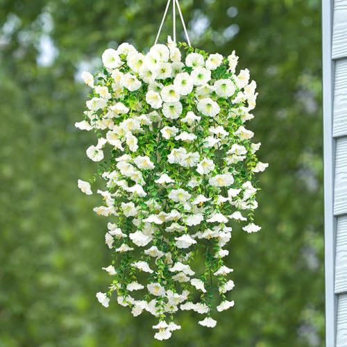 4 Pack Artificial Faux Hanging Flowers Plant for Outdoor, Fake Silk Morning Glory with Eucalyptus UV Resistant Realistic Trailing Vine for Wall Home Porch Patio Balcony Yard Indoor Decor, White - color: White