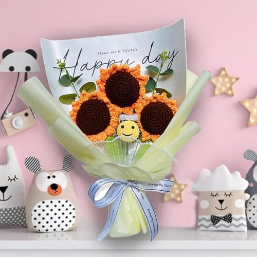 Completed Bee Crochet Flowers Bouquet, Handmade Knitted Bouquet, Crochet Artificial Flowers for Mother's Day Birthday, Wedding Home Decor, Gifts for Mom (Sunflower & Bee) - style: Sunflower & Bee
