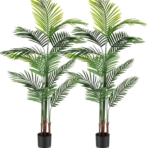 Jexine 2 Pack Artificial Palm Trees 5Ft, Fake Plants Fake Trees Artificial Areca Palm Plants for Outdoor Indoor Faux Palm Tree in Pot for Pool Home Decor Office Housewarming Gift Modern Decoration - size: 5 feet
