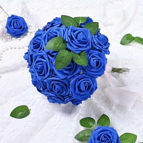 25 Pcs Artificial Flowers Fake Rose with Stems - Blue Real Touch Foam Roses for DIY Wedding Bouquet Bridal Shower Cake Toppers Centerpiece Table Valentines Day Decorations - color: Blue, size: 25Pcs