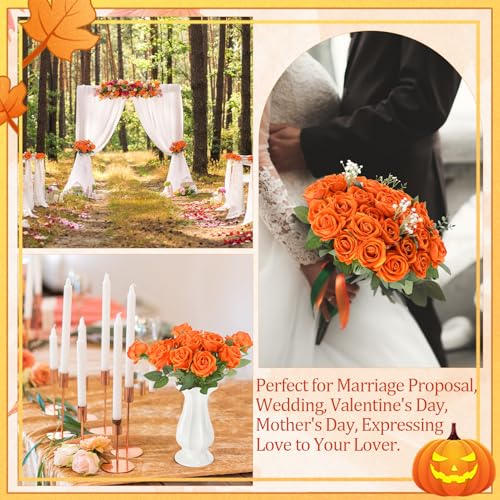 36 Pcs Velvet Burnt Orange Artificial Flowers Bouquet, Fake Rose Long Stem Realistic Fall Bridal Shower Decorations Bulk for Halloween Thanksgiving DIY Wedding Ball Arrangement - color: Orange