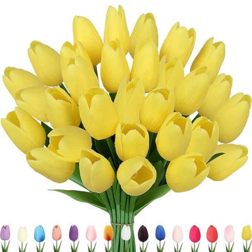 Artificial Tulips Flowers Fake Latex Tulip Stems - 30pcs Real Touch Faux Multicolor Tulips Flower for Easter Spring Wedding Bouquet Centerpiece Floral Arrangement Cemetery Table Decor - color: Yellow 01