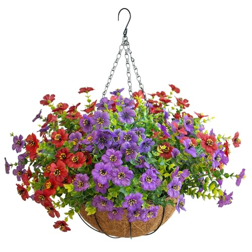 Artificial Hanging Flowers for Outdoors with Basket,UV Resistant Realistic Fake Hanging Flowers Faux Hanging Plants Outdoor for Yard Porch Patio Garden Home Decoration,12 Bundles(6,Red,Purple) - color: Purple+red