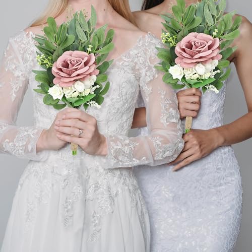 8 Inch Bridesmaid Bouquets Set of 6 - Artificial Flowers Greenery Bouquet for Wedding, Small Floral Bouquet for Ceremony Anniversary Marriage Proposal Centerpiece Decorations - Dusty Pink - color: Dusty Pink, size: 6pcs
