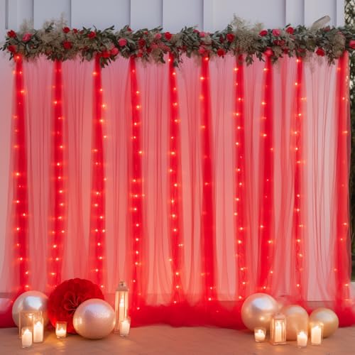 10ft x 8ft Red Backdrop Curtain with Lights String for Parties, Sheer Tulle Wedding Photo Backdrops Drapes for Baby Shower Birthday Party Decorations Background for Photography - color: Red, size: W5' x H8'(2 panels)
