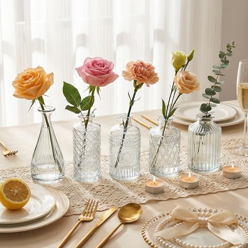 12 Pcs Clear Bud Vases Set, Small Vintage Glass Clear Bud Flower Vases Bulk Multiple Shape Cute Mini Glass Bottles Vases for Rustic Wedding Centerpieces Table Decorations and Home Decor - color: Clear