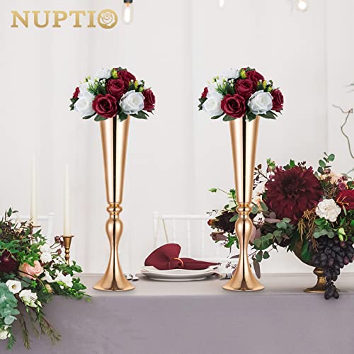 NUPTIO Flower Wedding Centrepieces for Tables - 2 Pcs 9.5in Diameter Burgundy & White Artificial Flowers Rose Ball for Centerpieces Table - Fake Rose Arrangements for Weddings Birthday Party Decor - color: Burgundy & White, size: 2 Pcs