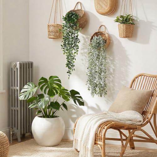 Daifunli 8 Pcs Artificial Hanging Plants Fake Hanging Ferns Plastic Faux Plants for Wall Room Garden Garland Indoor Outdoor Decor No Basket (Eucalyptus,Mandala Vine) - style: Eucalyptus, Mandala Vine