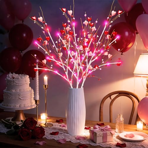 Agusbagli 3 Pack Valentines Day Decor 30in Lighted Valentine’s Day Picks with 60LED Pink Lights Artificial Red Heart Berry Flower Stems Timer Battery Operated Valentines Day Decorations for Home