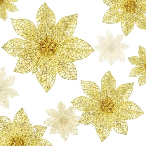 Wironlst 24 Pieces 3 Size Glitter Poinsettia Flowers Christmas Tree Ornaments, Glitzy Poinsettia Bushes Christmas Decorations for Xmas/Holiday/Seasonal/Wedding (Gold) - color: Gold