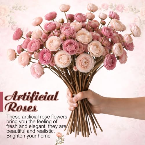 XunYee 60 Pcs Dusty Rose Artificial Ranunculus Flowers Bulk Faux Ranunculus Bouquet Realistic Silk Pink Rose Flowers Decoration for Wedding, Home, DIY Bouquet, Centerpieces, Bridal Shower, Arrangement
