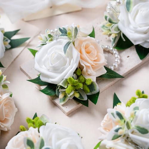 White Wrist Corsage, Set of 6, Homecoming Wrist Flower Girl/Mother Corsages Wristlet Décor Perfect for Bride Bridesmaids Wedding Guests Hand Flower, Proms, Party, Ceremony Anniversary - color: White & Champagne Wrist Corsage