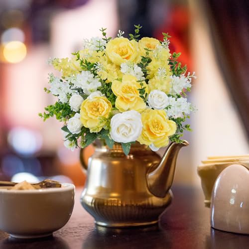 HUAESIN 6Pcs Peonies Artificial Flowers Silk Rose Bouquets Yellow White Faux Floral Arrangements for Indoor Vase Home Table Centerpieces Wedding Outdoor Cemetry Flowers - color: Yellow
