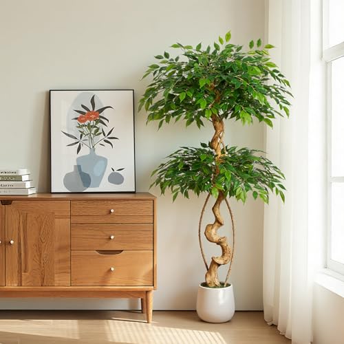 5ft Large Ficus Artificial Trees in White Pot, 60" Tall Fake Silk Tree with Natural Curved Trunk, Lush Faux Ficus Tree for Indoor Home Decor, Living Room, Office & Patio - size: 5ft