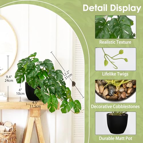 DILATATA Fake Plants Indoor 8 Inch Artificial Monstera Plant in Black Plastic Pot - Faux Potted Tropical Palm Plant for Home Aesthetic Decor Living Room Shelf Office - color: Monstera #Plastic#style 1