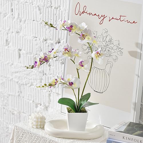Faux Orchid in Vase Tall Artificial Orchid in Ceramic Vase Tall Silk Orchids with Stems Real Look Potted Fake Phalaenopsis Arrangement Centerpiece Table Decorations for Home Decor Indoor, White - color: Y-white