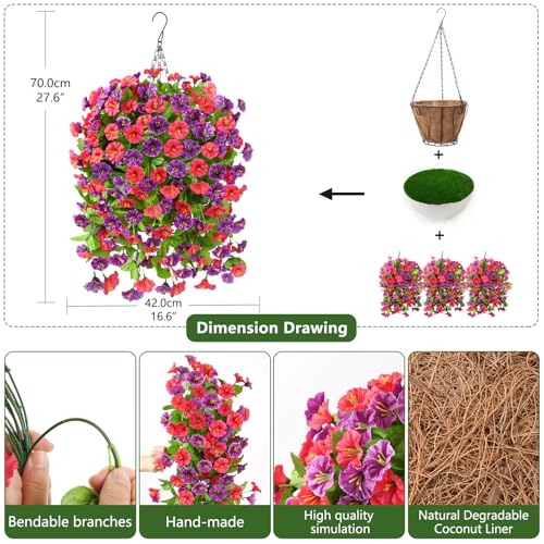 Homsunny Artificial Faux Hanging Flowers Plants Baskets for Outdoor Spring Summer Decorations,Resistant Fake Morning Glory Silk Plants for Outside UV Resistant Patio Yard Home Porch Decor(Red Purple) - color: Red Purple
