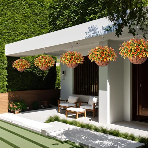 Fake Mums Artificial Fall Flowers with Hanging Baskets Outdoors for Decoration Faux mums for outdoor planters Daisy Flower with Eucalyptus Leaves for Porch Home Patio Balcony and Yard Autumn Decor - color: Yellow Orange