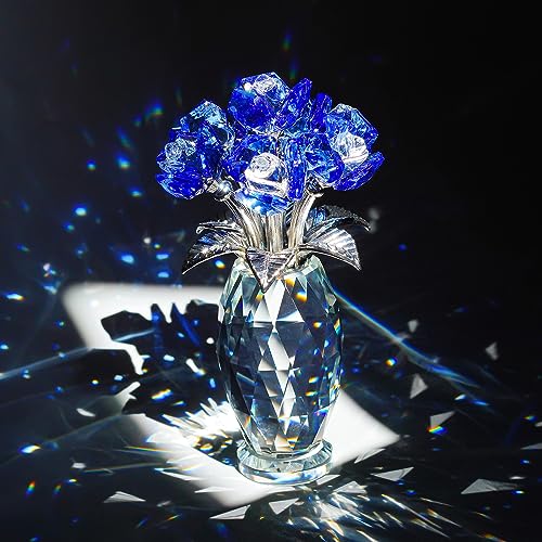 H&D HYALINE & DORA Blue Crystal Rose Flower Paperweight,Glass Flower Gifts for Women Girl Wife,Crystal Flowers Bouquet Collectible for Christmas Day Wedding Anniversary - color: Blue 2
