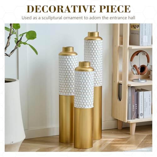 Floor Vases, Tall Home Decor Metal Vase Set of 3 Large Glazed Decorative Vases for Wedding Decor, Elegant Modern Flower Holder for Living Room, Entryway, Hallway - color: Honeycomb White Gold