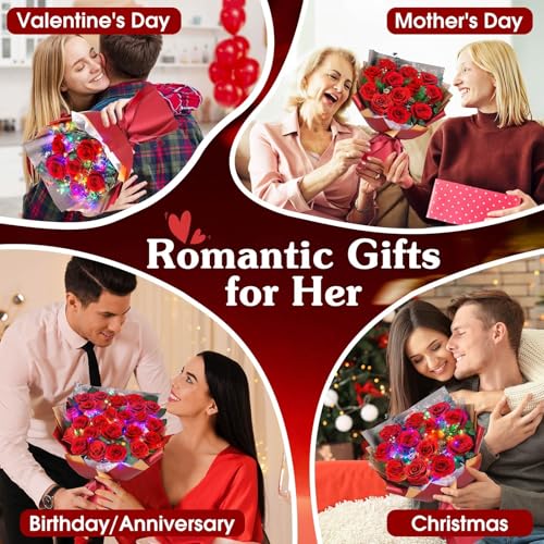 ADDWel 12 Preserved Real Roses Bouquet for Her, Forever Red Flowers with LED Lights, Anniversary Birthday Gifts for Wife Girlfriend Mom, Elegant Home Decor - color: Preserved Red Roses Bouquet - 12 Roses