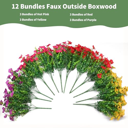Artificial Flowers for Indoor & Outdoor Decoration - 12 Bundles Faux Daisies with Eucalyptus Leaves Fake Greenery for Garden, Home, Porch, Patio, Boxwood (12 Pcs Mix Pink Red Purple Yellow) - color: 12 Pcs Mix Pink Red Purple Yellow