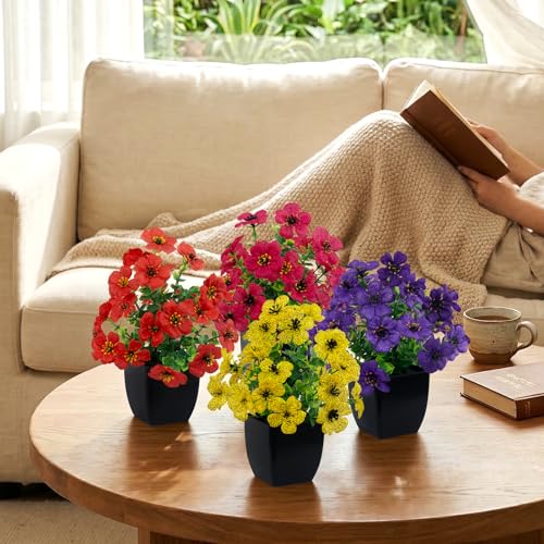 LOYWREE 4 Pack Small Faux Plants Spring Artificial Silk Flowers Fake Plants Indoor Bathroom Accessories for Home Room Office Desk Decor(Black Square Pot) - color: Daisy-black Pot, size: Black Pot