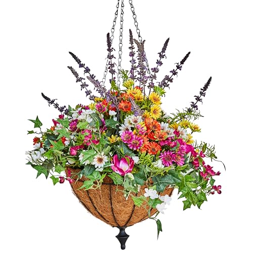 Balsam Hill Outdoor Meadow Spring & Summer Hanging Basket - 26" Premium UV-Protected Fake Outdoor Flowers for Porch, Patio, & Garden - color: Meadow